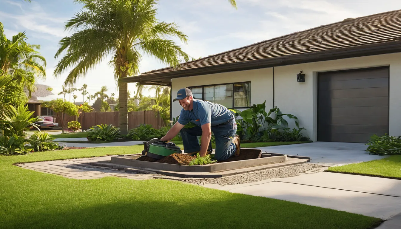 Friendly provider checking a septic tank lid at a single-story home in Bay Lake