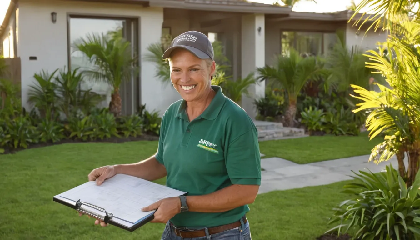 Friendly septic provider talking with a homeowner beside an open septic tank lid in a sunny Bay Lake backyard